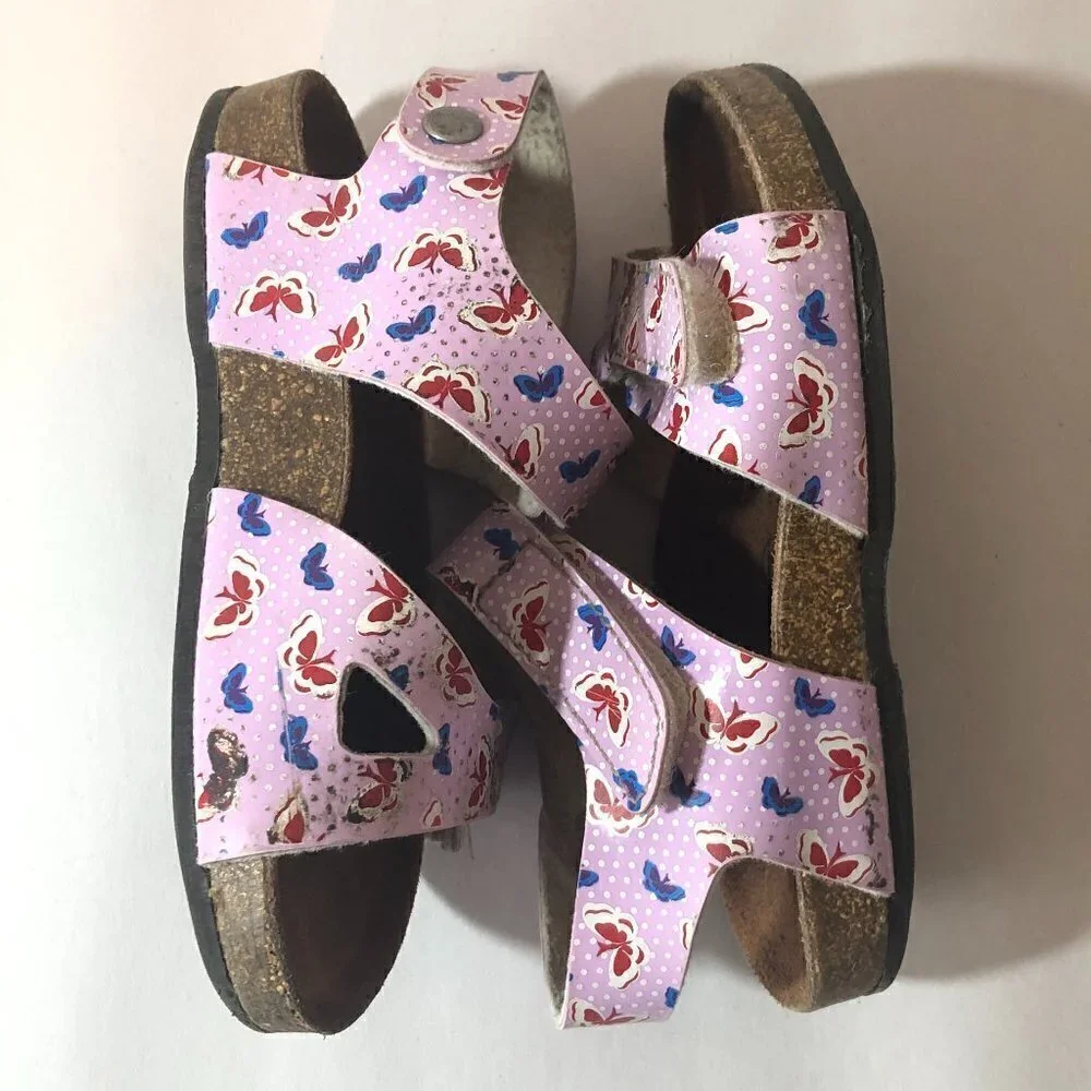 GRUNLAND JUNIOR Sandals Girls Size 7.5US/EU24 Pink Tan Butterfly Print